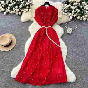 Vestido Midi Plisado Tipo Túnica Romana Tejida Sostenible de Verano 2025 para Mujer, Cintura Imperio, con Cuentas y Encaje, Transpirable - Product Image 1