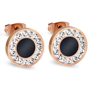 Rose Gold Round <b>Stud</b> <b>Earrings</b> With Crystal Circle <b>Black</b> Center Stainless Steel For Party Women Fashion Jewelry - Product Image 1
