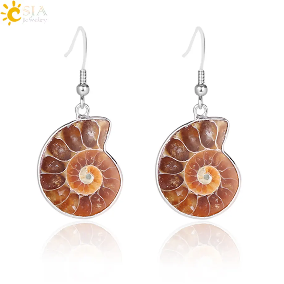 CSJA wholesale natural snail ammonite conch fossils shell earrings dangle hook boho women earrings 2020