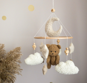 Boucle Crib Mobile with Brown Bear Boucle Moon and Stars Neutral Mobile Baby Nursery Decor Cot Mobile - Product Image 1