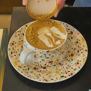 Tasse à café et soucoupe en céramique émaillée effet éclaboussures d'encre vintage avec anse, vente en gros pour la maison - Product Image 4