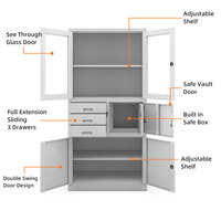 Coffre à tiroirs sur le dessus Bleu Blanc Serrure Meuble de rangement Maison Bureau Porte en verre Classeur en acier avec boîte de sécurité Métal