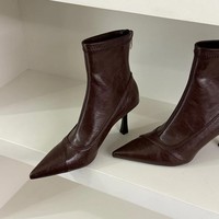 Bottines à talons aiguilles à bout pointu de style français pour femmes, automne-hiver, cuir marron, fermeture éclair, talons hauts, coupe ajustée