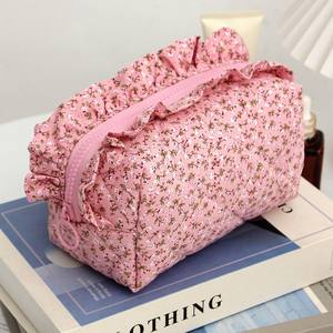 Bolsa de Maquillaje con Volantes, Bolsa de Cosméticos Acolchada de Algodón con Estampado de Lazo, Organizador de Artículos de Tocador, Bolsa de Viaje para Niñas, Venta al por Mayor - Product Image 3