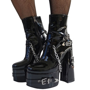 Big Size 47 Women's Metal Chain Side Zipper Ankle <b>Boots</b> Wide Fit High Chunky Heels Shoes Back Rivets Patent Short Booties - Product Image 3