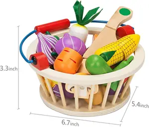Özelleştirilmiş manyetik ahşap kesme meyve sebze gıda çocuklar için sepet ile oyuncak seti oyna