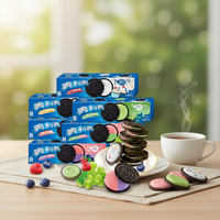Heetverkopende exotische snacks: fruit- en kaassmaak, met cacao gevulde crackerkoekjes en -biscuits, 97g kartonnen verpakking