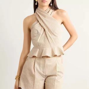 Nuevo Conjunto de Lino al por Mayor, Top Corto Sexy para Damas, Shorts de Cintura Alta Casuales, Conjuntos de Lino para Mujer - Product Image 1