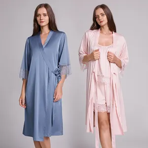 Dropshipping MAISON COEUR Robe de Nuit Femme Élégante en Satin Soie Tactile Col V Manches Trois Quarts Rose/Bleu Haute Qualité pour l'Été - Product Image 1
