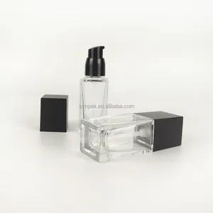 Botella de loción de vidrio cuadrada de 30ml con cabezal de bomba de plástico, superficie de estampado en caliente para maquillaje de crema de ojos o cosméticos