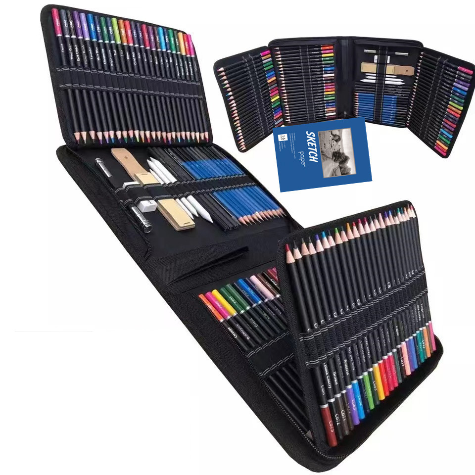 Fournitures d'art Ensemble de crayons de couleur pour dessin et croquis 145 pièces Kit de crayons pour artistes professionnels au charbon de graphite