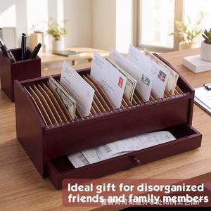 Caja de almacenamiento de cartas de escritorio de madera con cajón, organizador de oficina de madera maciza para documentos y llaves, capacidad para 32 compartimentos - Product Image 4