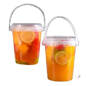 32 OZ Custom Logo Plastic Drink Boba Barrel Wholesale Takeaway Disposable Fruits Container PP Clear Bucket Cups With Lid Handle