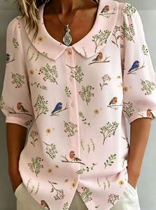 Blus Wanita Vintage Sederhana Motif Bunga Cat Air Kerah Peter Pan Lengan 3/4 Kemeja Kasual Panjang untuk Musim Semi & Musim Panas - Product Image 6