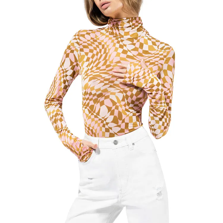 New Design Custom Printing High Quality Summer Clothing Turtleneck Extra Long Sleeve Sexy Mesh Tops For Women