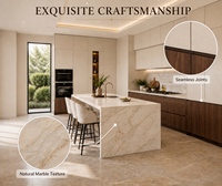 Ensemble d'armoires de cuisine modulaires KEJIA, style moderne minimaliste sans poignées, deux tons crème et grain de bois, avec îlot central