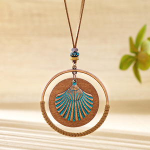Wooden Shell Pendant <b>Necklace</b> Copper Alloy Pave Setting <b>Boho</b> Style Unisex Fashion Jewelry - Product Image 1