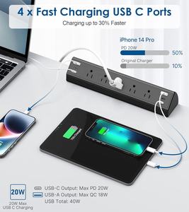 Pince de bureau américaine prise multiprise avec <span class=keywords><strong>4</strong></span> ports USB C PD 20W 5 prises CA/protection contre les surtensions bande d'alimentation de bureau 6 ports USB - Product Image 3