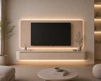 Meuble TV mural flottant à bords arrondis avec éclairage LED, placage bois MDF, console multimédia murale