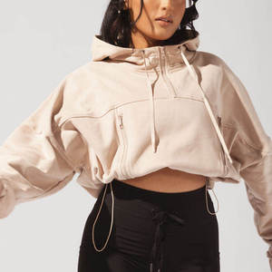 Sudadera con capucha de punto de alta calidad para mujer, informal de verano, de manga larga, con cuello alto ajustable y media cremallera. - Product Image 1
