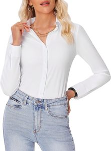 İş Kadınları İçin Dar Kesim Uzun Kollu Esnek Kumaştan Yıkanabilir Kırışmaz Ofis Gömlekleri Bluzları - Product Image 4