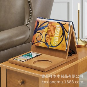 Wooden Triangular Book Stand With Cup Holder And <b>Glasses</b> Tray For Reading Desk Organizing Bookends - Product Image 2