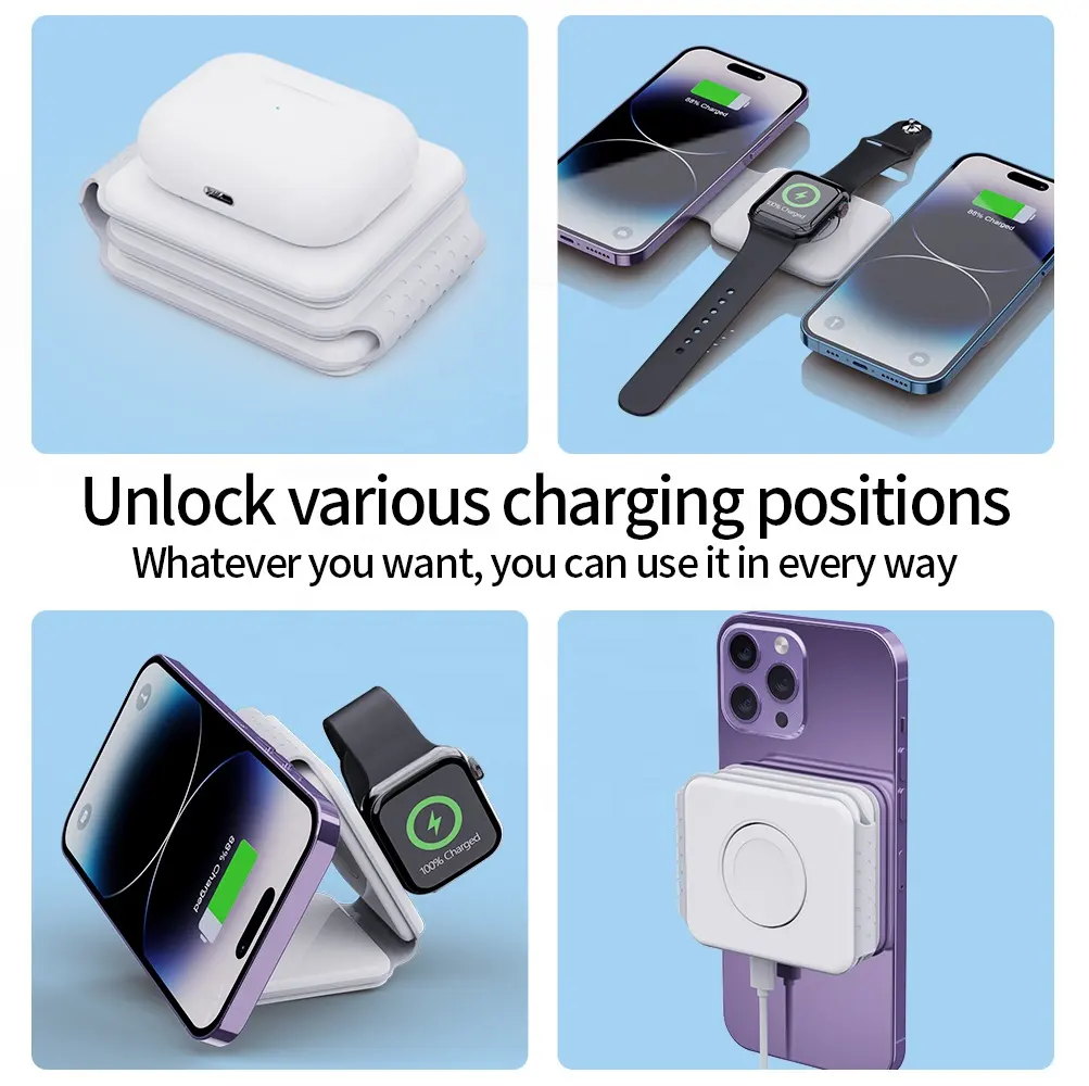 2024 Top Selling Custom Logo 3in1 15W Folding Wireless Fast Charger Qi Magnetic Travel Wireless Charger For i Phone 15 14 13