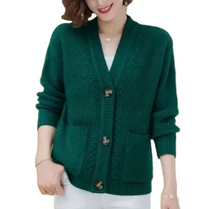 Veste classique en laine tricotée avec poche latérale pour femme, manteau cardigan épais, vente en gros