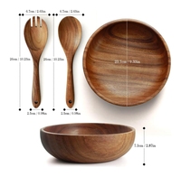 Ensemble de saladiers et ustensiles de cuisine en bois d'acacia, bols à mélanger les légumes, fourchette et cuillère à dîner, ustensiles de cuisine