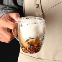 Tasse en verre à fleurs séchées à double couche de 350ml, tasse à thé au lait transparente résistante à la chaleur, tasse à café domestique