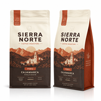 Sachet de café personnalisé à quatre soudures avec valve et fermeture éclair, design origine Pérou, pour l'emballage de grains entiers de café de spécialité