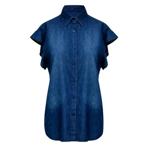 Custom 100% Cotton Oversize Jeans Shirt Tops Ladies Stylish Button Down Short Ruffle Sleeve Maxi Jean Denim Work Blouse Women
