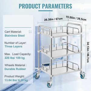 3-Tier Stainless Steel Heavy Duty Enclosed Shelf Utility <b>Trolley</b> with Lockable Casters - Product Image 4