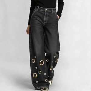 Nouveaux pantalons amples taille haute pour femmes européennes et américaines, jeans à design ajouré pour femmes, vente en gros - Product Image 6