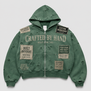 Green Vintage Wash <b>Zip</b> <b>Hoodie</b> Distressed Applique Patch Full <b>Zip</b> Cotton <b>Cropped</b> Fit Kangaroo Pocket Streetwear Custom Men <b>Hoodie</b> - Product Image 1