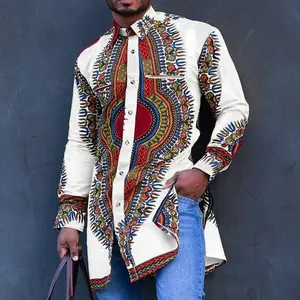 M-4XL民族风格数码印花衬衫中长衬衫非洲风格马球衣领单排扣街装上衣