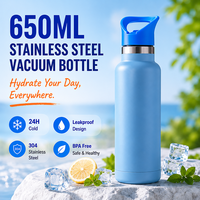Bouteille d'eau réutilisable isotherme classique en acier inoxydable de 650 ml avec logo personnalisé, bouchon à bec étroit, anti-fuite, pour voyage et extérieur