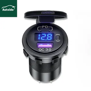 Car Boat Type-C PD3.0 & QC3.0 Car USB C Car Charger Socket 12V/24V Dual USB Outlet LED Voltmeter ON/Off Switch