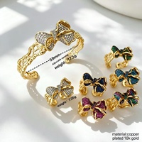 Ensemble de bijoux multicolores en CZ avec nœud, 2 pièces, bracelet et bague, bracelet manchette ajouré plaqué or, bijoux de mariée, fournisseur B2B