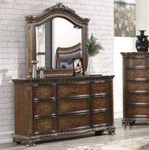 Juego de Muebles de Dormitorio Tradicional Color Marrón Oscuro con Cabecera Tapizada en Cuero Ornamentado - Product Image 2