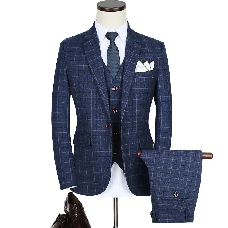 Hot Sale Classic Men's Suits Wholesale Casual Plaid Formal Business Men's Three Pieces Set Suits Blazer Wedding Suits For Men
