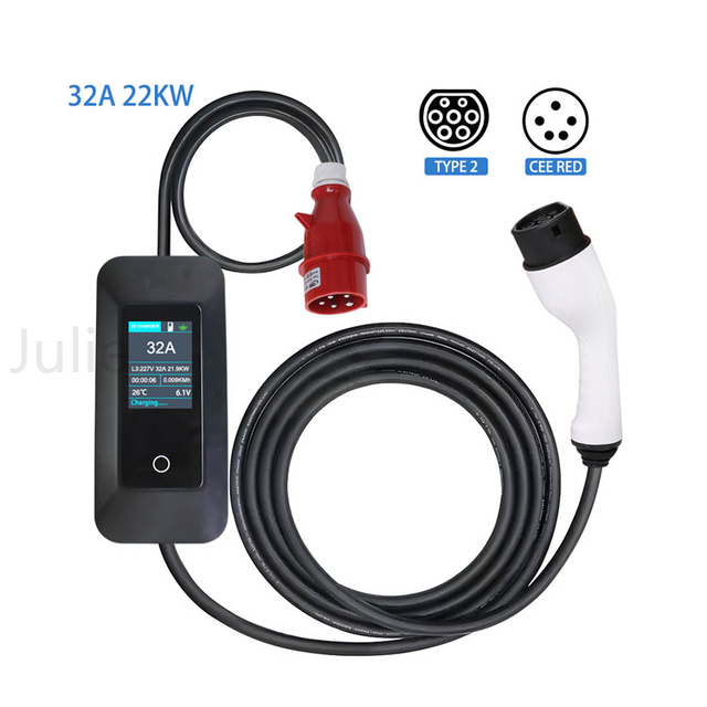 Type 2 Max 32A 22kw Quick Chage Plug IEC 62196 3phase Switching Adjustable Portable Ev Charger