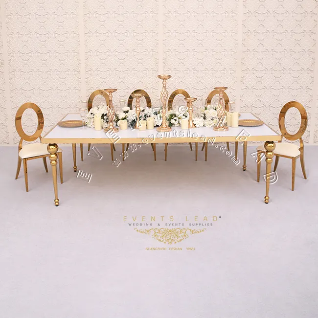 Yeni tasarım paslanmaz çelik dikdörtgenler yemek altın düğün masa olaylar için ziyafet lüks mobilya