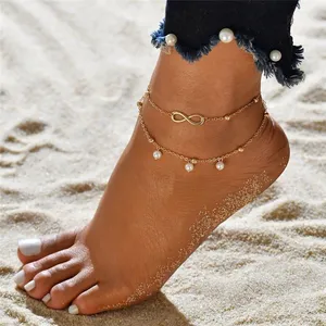 2PCS复古珍珠心无限脚踝脚链手链套装波西米亚足沙滩脚链女赤脚链饰品N2205292