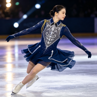 Robe de patinage artistique bleu marine avec strass, manches longues, pour enfants et adultes, pour compétitions sur glace et spectacles