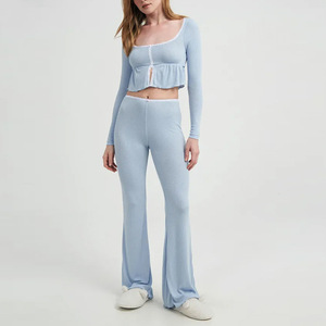 2 Piece Rib Lace Trim Women's Pajama Set Custom Logo Winter Cotton <strong>Crop</strong> Top Pants Women's <strong>Pyjamas</strong> with Large Neck Sexy and Soft - Product Image 4