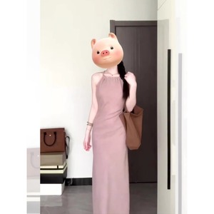 Vestido de Noche Estilo Francés, Color Rosa Suave, Cuello Halter, Falda Larga de Gasa con Patrón Geométrico, Cintura Natural, Sin Mangas - Product Image 4