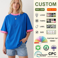 T-shirts amples à col rond et manches courtes pour femmes, 100 % coton, avec logo personnalisé, style rétro color block, épaules tombantes, coupe baggy, OEM