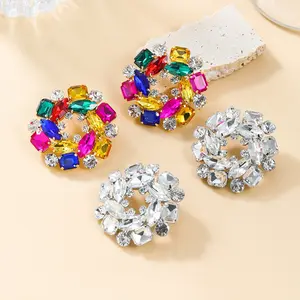 Anting-anting kancing bulat berlian imitasi multiwarna Aloi Mode Korea perhiasan pesta pernikahan pengantin aksesori wanita mewah
