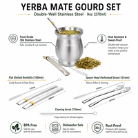 EVEPURE Ensemble de tasses à Yerba Maté en gourde naturelle, original et traditionnel, en acier inoxydable isolé sous vide, avec brosse de nettoyage